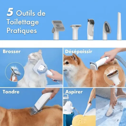 P2 Pro Tondeuse pour chien avec aspirateur, tondeuse silencieuse pour chien et chat, nouvelle génération, kit de toilettage professionnel pour animaux de compagnie d'animaux avec 5 outils Bleu