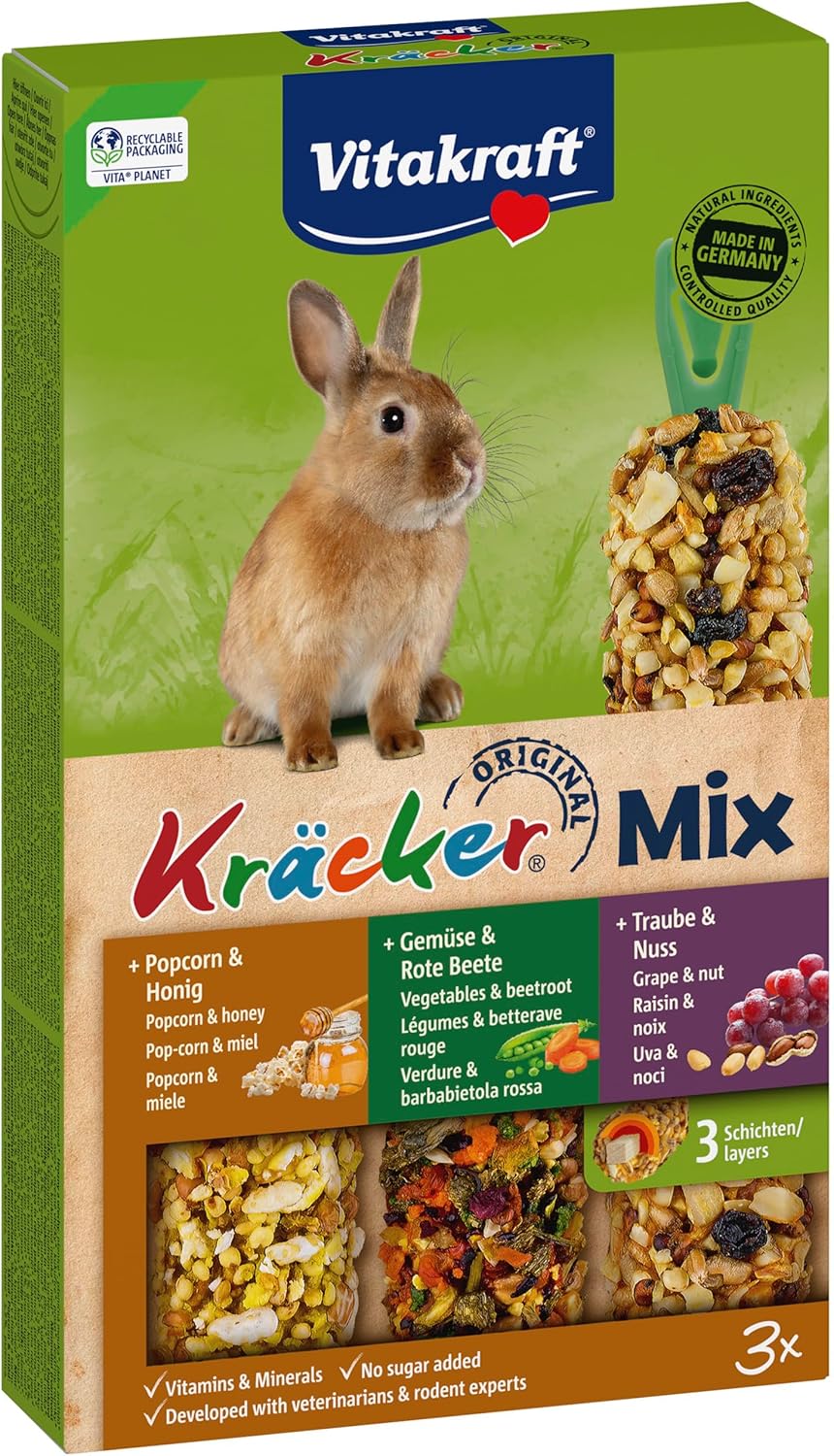 VITAKRAFT- Kräcker Mix, Bâtonnets À Grignoter Pour Lapins Nains, Avec Pop-Corn Et Miel, Légumes Et Betterave Rouge, Raisin Et Noix, Sans Sucre Ajouté Ni Céréales (1X 160G) Lapin 160 g (Lot de 1)