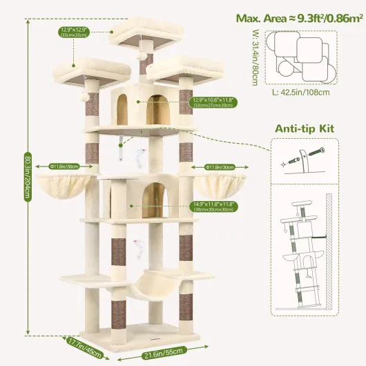 Globlazer Arbre à Chat Grand Beige, Arbres a Chats XXL Hauteur 204 cm avec 3 Perchoirs Rembourrés, 2 Niches, 2 Paniers, Hamac, Tour de Chat Stable pour 3-5 Chats Adulte Repos Jeu Gratter (F80, Beige) 203cm Beige