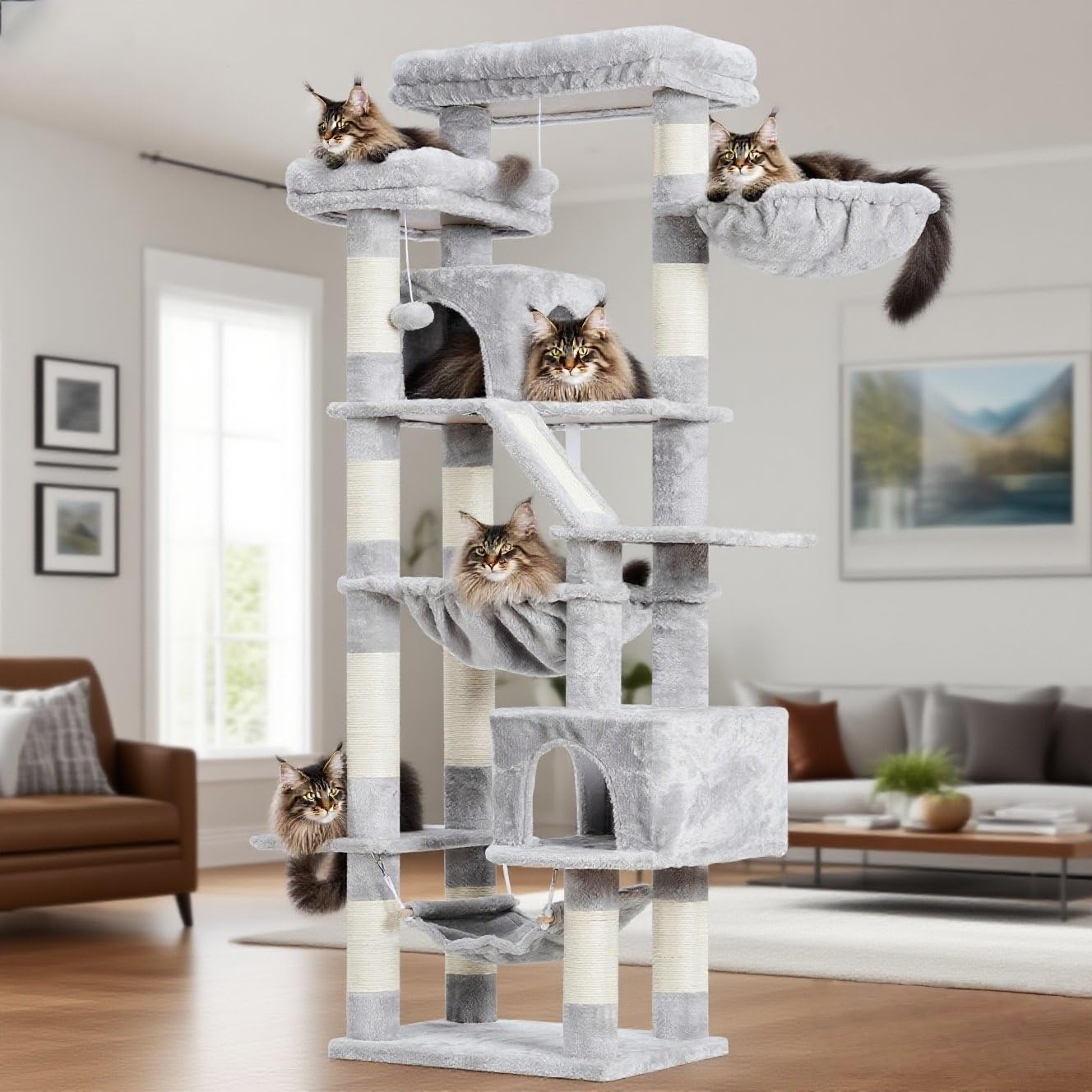 Arbre À Chat, Tour De Griffer 180 cm, 2 Plateformes, 2 Cabanes De Sommeil, 2 Hamacs, Panneau À Griffer - Grand Meuble pour Chats avec Endroit Dormir, Gris Clair HCT034W