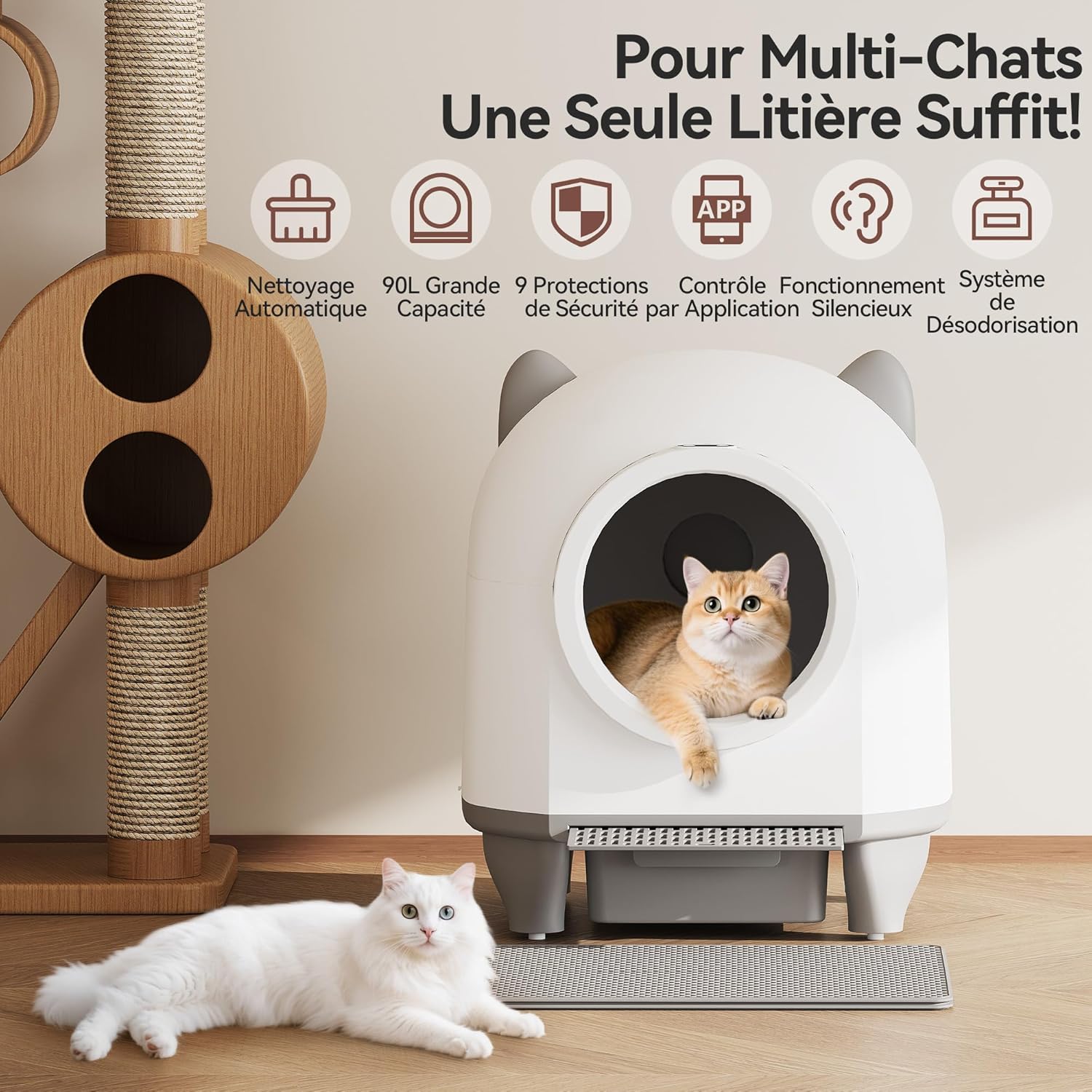 Devoko Litière Chat autonettoyante Oreilles de Chat - Litière Automatique 90L contrôlée par Application - Auto-nettoyante, sécurité et neutralisation d'odeurs, pour Plusieurs Chats