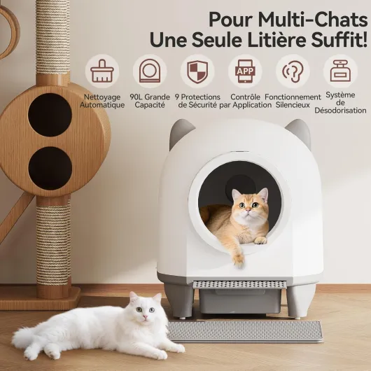 Devoko Litière Chat autonettoyante Oreilles de Chat - Litière Automatique 90L contrôlée par Application - Auto-nettoyante, sécurité et neutralisation d'odeurs, pour Plusieurs Chats