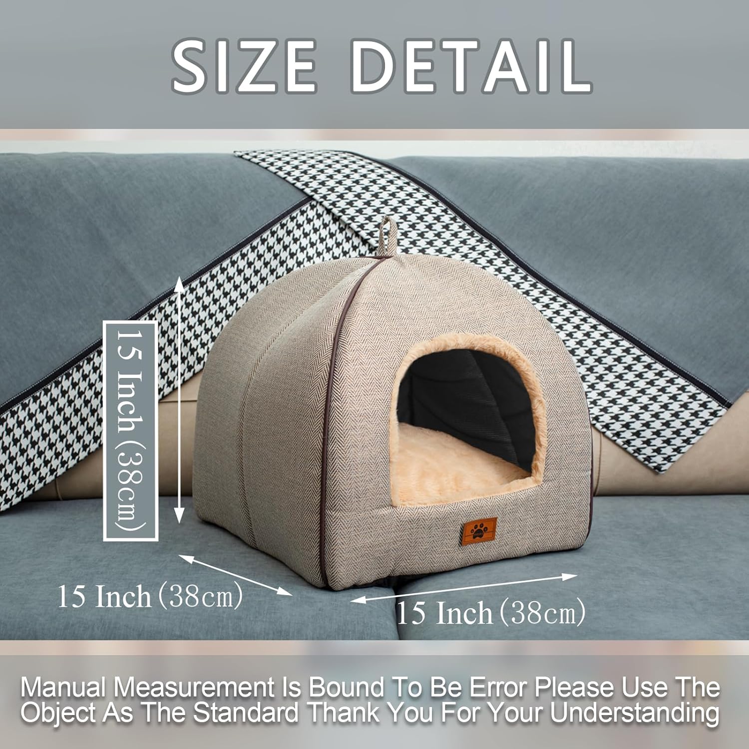 Lit niche pour chat d’intérieur avec coussin amovible lavable rembourré, lit doux et auto-chauffant pour chat M(15 x 15 x 15 Inch) beige