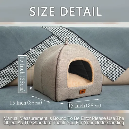 Lit niche pour chat d’intérieur avec coussin amovible lavable rembourré, lit doux et auto-chauffant pour chat M(15 x 15 x 15 Inch) beige