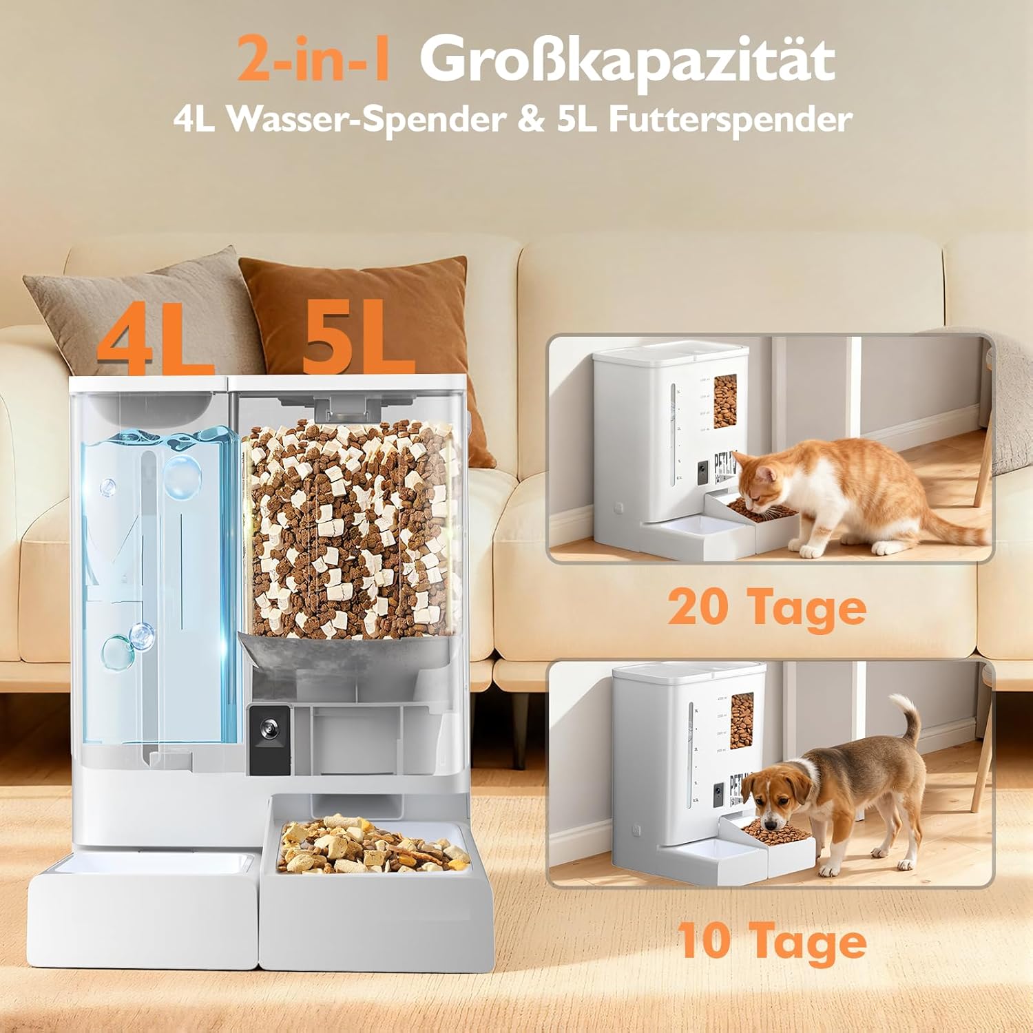 Distributeur Automatique de croquettes PETLIV avec 2 gamelles, capacité de 5 L, contrôle Via Application, Wi-FI 5 GHz/2,4 GHz Blanc