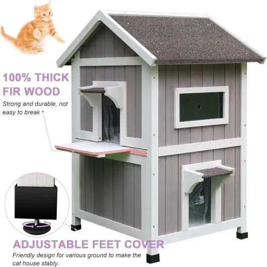 HiCaptain Maison Exterieur pour Chat, Abri Extérieur en Bois pour Chats Errants, 2 étages Grand Chat Shelter pour 2-3 Chats- 53x53x92cm (Gris) Maison grise à 2 étages
