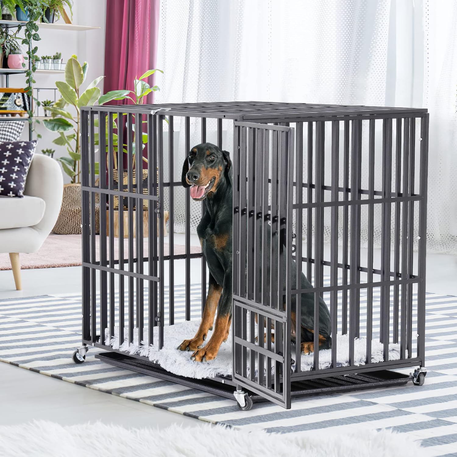 BingoPaw Cage Chien Interieur Solide: Caisse de Transport XXL sur Roulette Grand Chien Grande Taille - Cages Robuste Extérieur pour Gros Chiens en Métal avec 3 Porte et Plateau Amovible 117x96x84cm 117 x 84 x 96.5 cm (XXL)