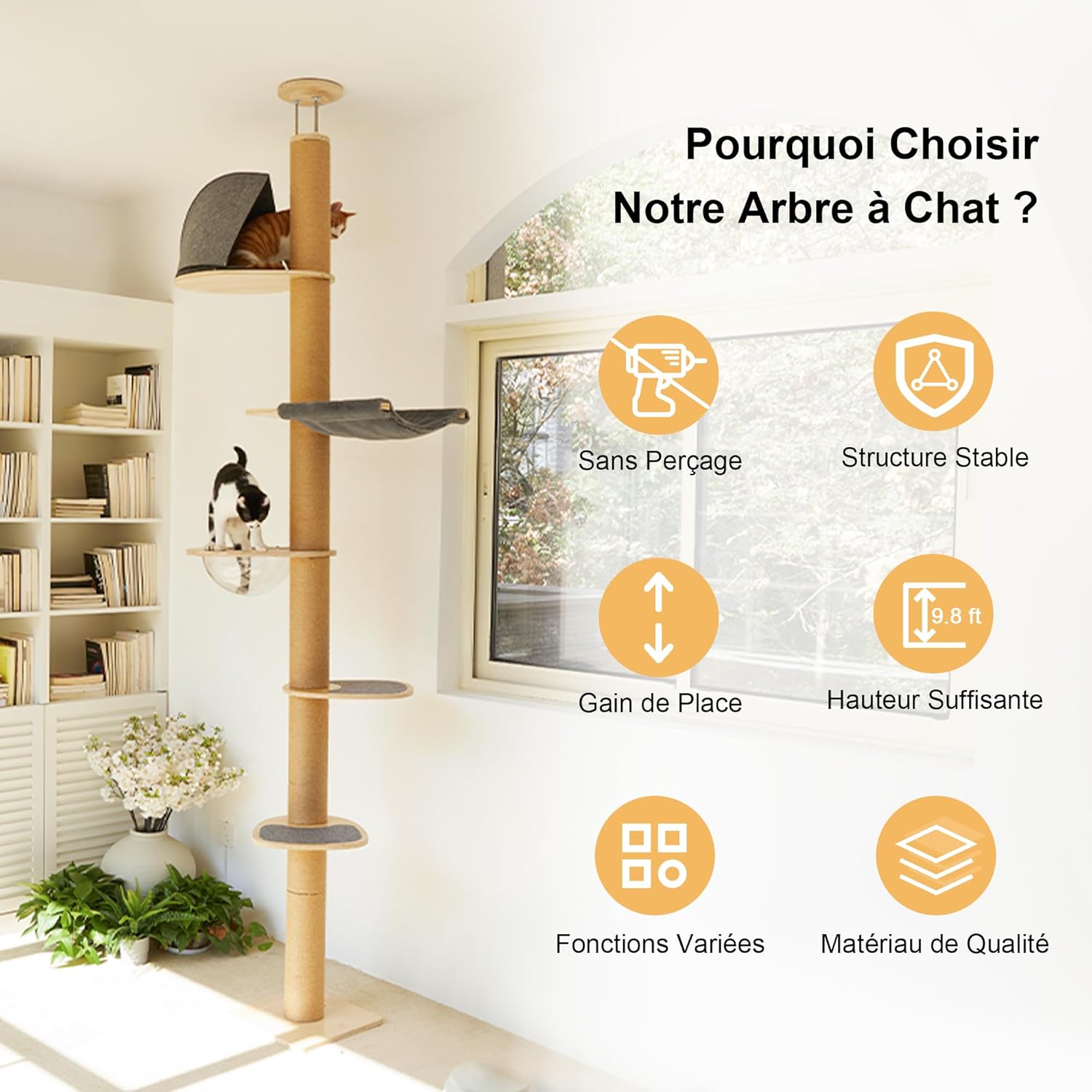 Arbre à Chat du Sol au Plafond, Tour d'escalade à 6 Niveaux de Hauteur Réglable avec Griffoirs Épais, Centre d'Activité pour Chat avec Capsule Transparente et Hamac Douillet Gris