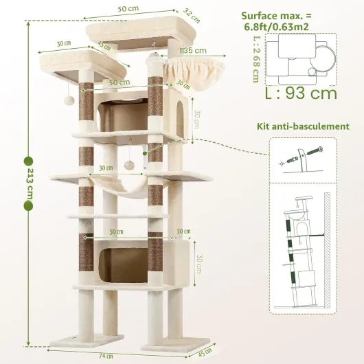 Globlazer Arbre à Chat Beige XXL Géant Hauteur 213 cm avec 2 Grande Niches 50*30*30CM, 2 Rembourré Plateformes, Perchoir, Panier, Luxe Stable Arbre a Chat pour Plusieur Chats Intérieur (F83B, Beige) 213cm Beige