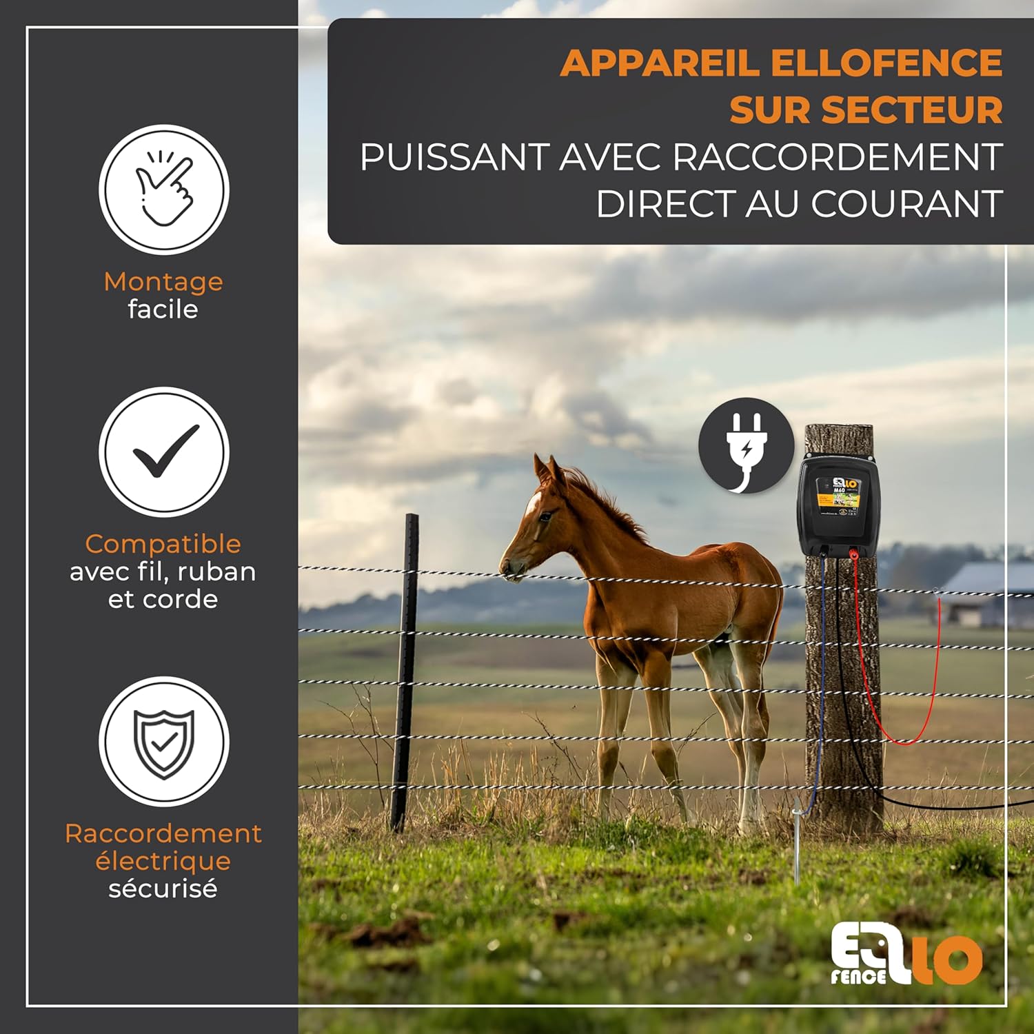 Électrificateur clôture électrique 230 V secteur (M60) – Extra puissant & silencieux – Appareil premium pour animaux domestiques et d’élevage – Avec indicateur de contrôle de clôture