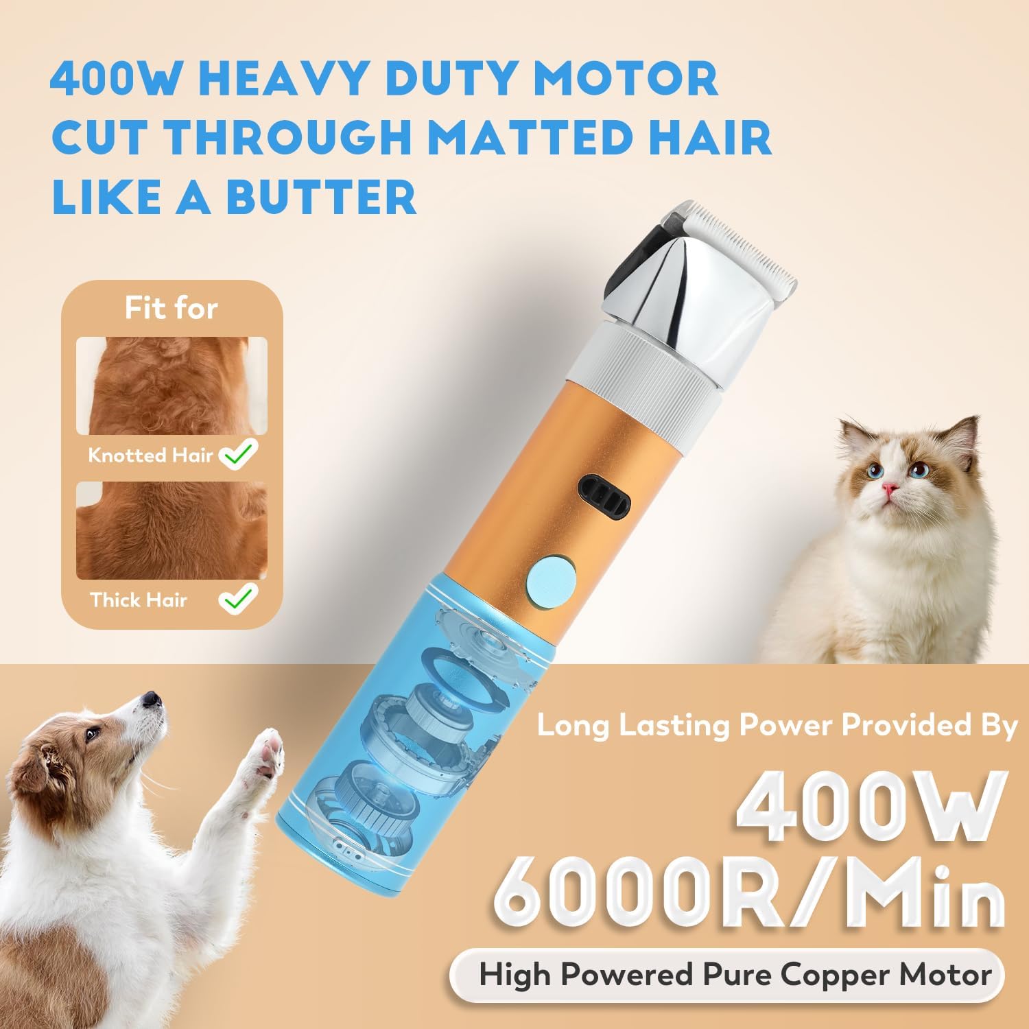 400W Tondeuse Chien Tondeuse à Moutons Électrique Rechargeable Tête de Coupe Peigne Limite Intégrés Amovible 5H en Veille Faible Bruit (3MM+6MM)