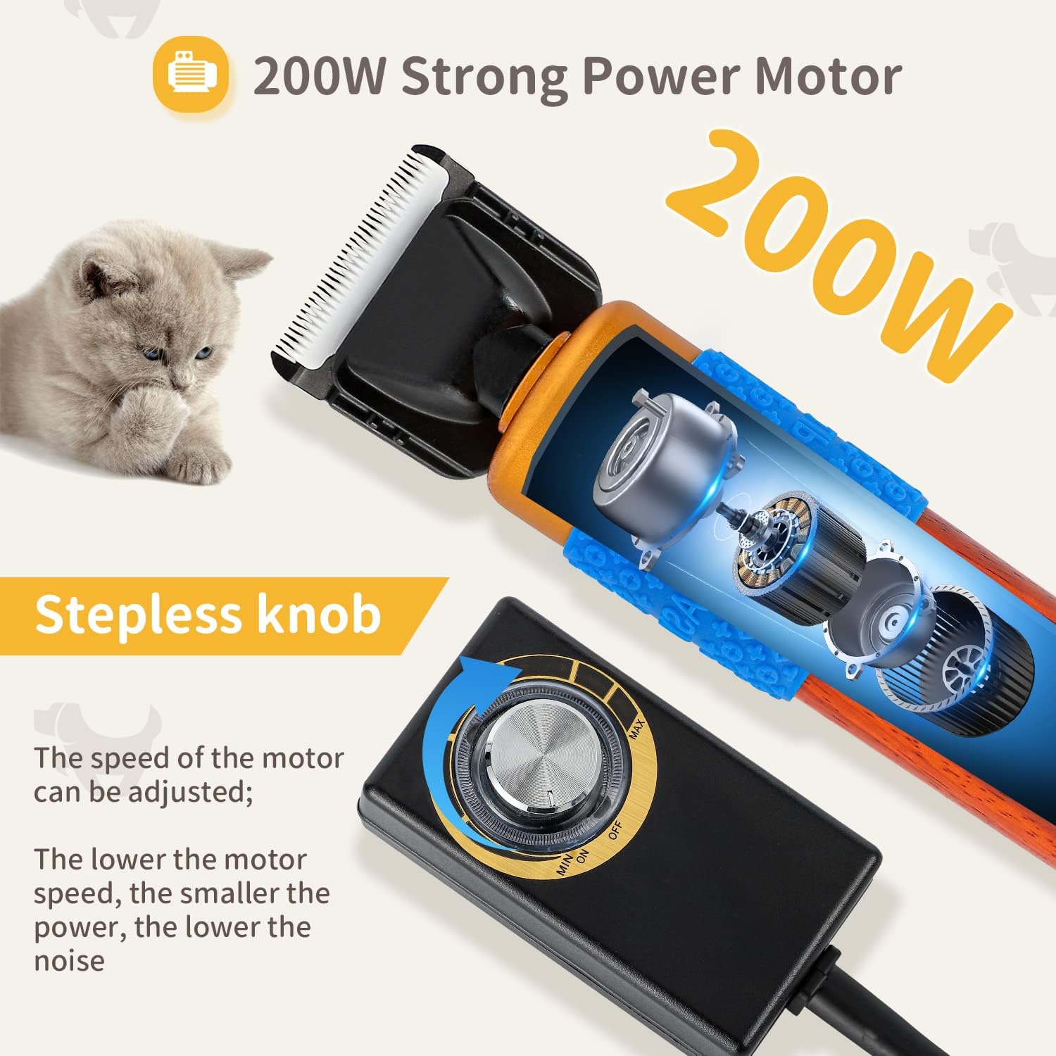 Tondeuse Électrique à Chien/Chat 200W – Câble 3m, Lames Acier Titane/Céramique, Manche Bois Acajou Sûr – Pour Lapins/Autres Animaux, Vitesse 2000-6000tr/min