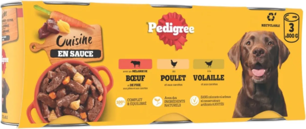 Cuisine Repas pour Chien - Boîtes en Sauce pour Chien Adulte - 3 variétés - 3x800g - Pack de 4 Bœuf, Poulet & Volaille 2.4 kg (Lot de 4)