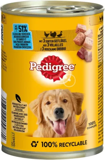 Adult - Lot de 12 boîtes de nourriture pour chien - Avec 3 sortes de volailles en pâté - 400 g chacune