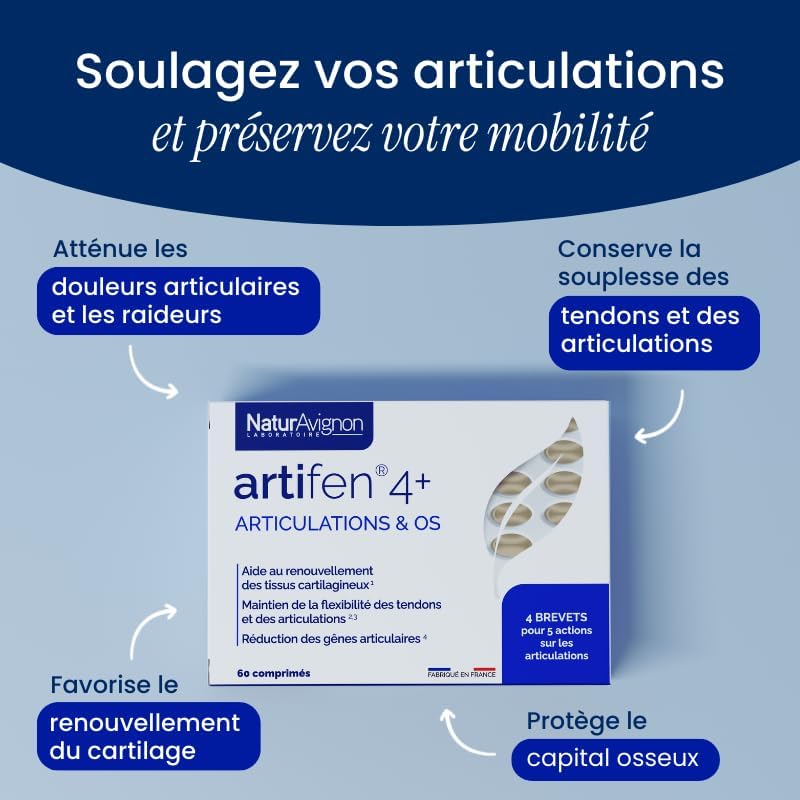 NaturAvignon Artifen 4+ - complement alimentaire articulation, os, cartilage, tendons - complexe articulaire Harpagophytum + chondroitine glucosamine + Manganese + Boswellia - 4 brevets - 60 comprimés