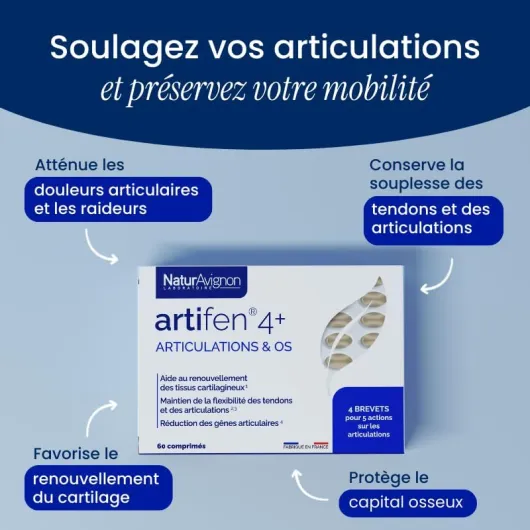 NaturAvignon Artifen 4+ - complement alimentaire articulation, os, cartilage, tendons - complexe articulaire Harpagophytum + chondroitine glucosamine + Manganese + Boswellia - 4 brevets - 60 comprimés