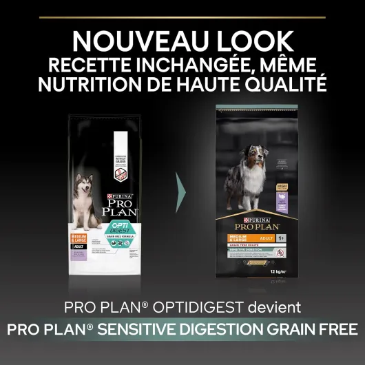 PURINA PRO PLAN - Sensitive Digestion - Croquettes complètes sans céréales pour chien adulte de grande et moyenne taille à Digestion Sensible - Favorise un système digestif sain - Dinde - Sac - 12kg 12 kg (Lot de 1)