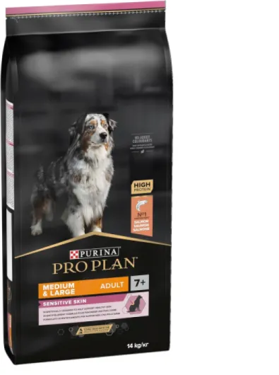 PURINA PRO PLAN - Sensitive Skin - Croquettes complètes pour chiens de moyenne et grande taille de plus de 7 ans - Favorise une peau saine et un pelage brillant - Au Saumon - Croquettes - Sac - 14 Kg