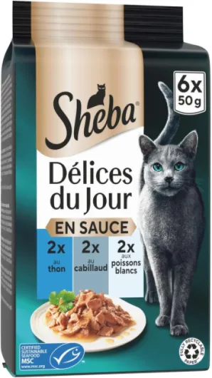 Délices du Jour Sachets Fraîcheur pour Chat Adulte, Sélection aux Poissons en Sauce 6x50g - Pack de 12 Thon & Cabillaud en Sauce (MSC)
