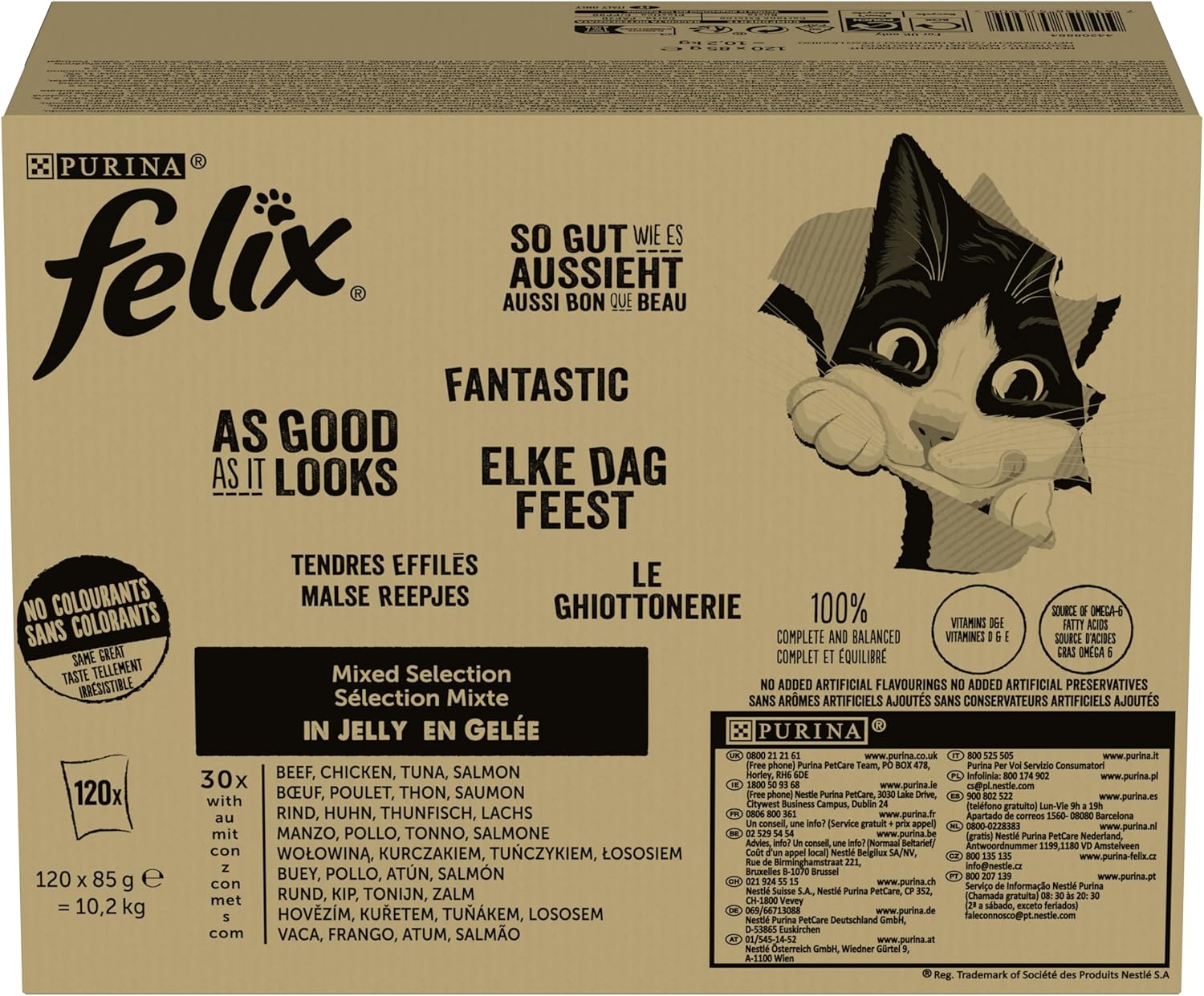 Tendres Effilés - Aliment Complet pour Chat Adulte- Sélection Mixte : Au Boeuf, Au Poulet, Au Saumon, Au Thon- en Gelée - Portion Individuelle - 120x85g