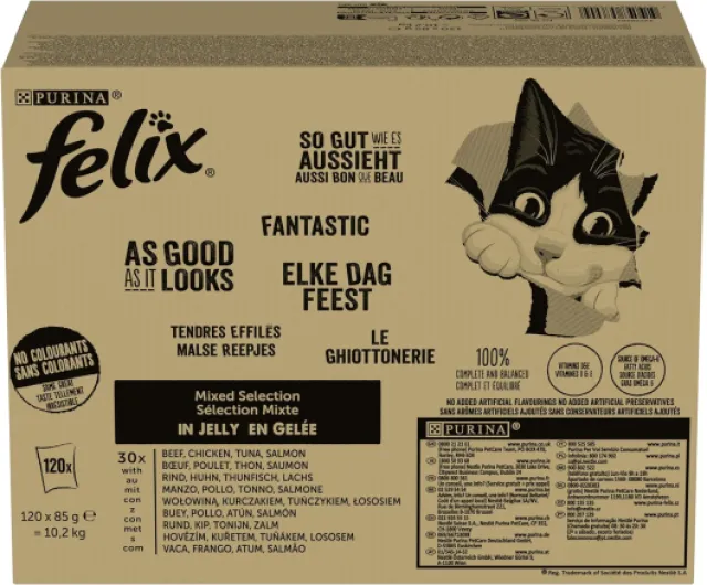 Tendres Effilés - Aliment Complet pour Chat Adulte- Sélection Mixte : Au Boeuf, Au Poulet, Au Saumon, Au Thon- en Gelée - Portion Individuelle - 120x85g