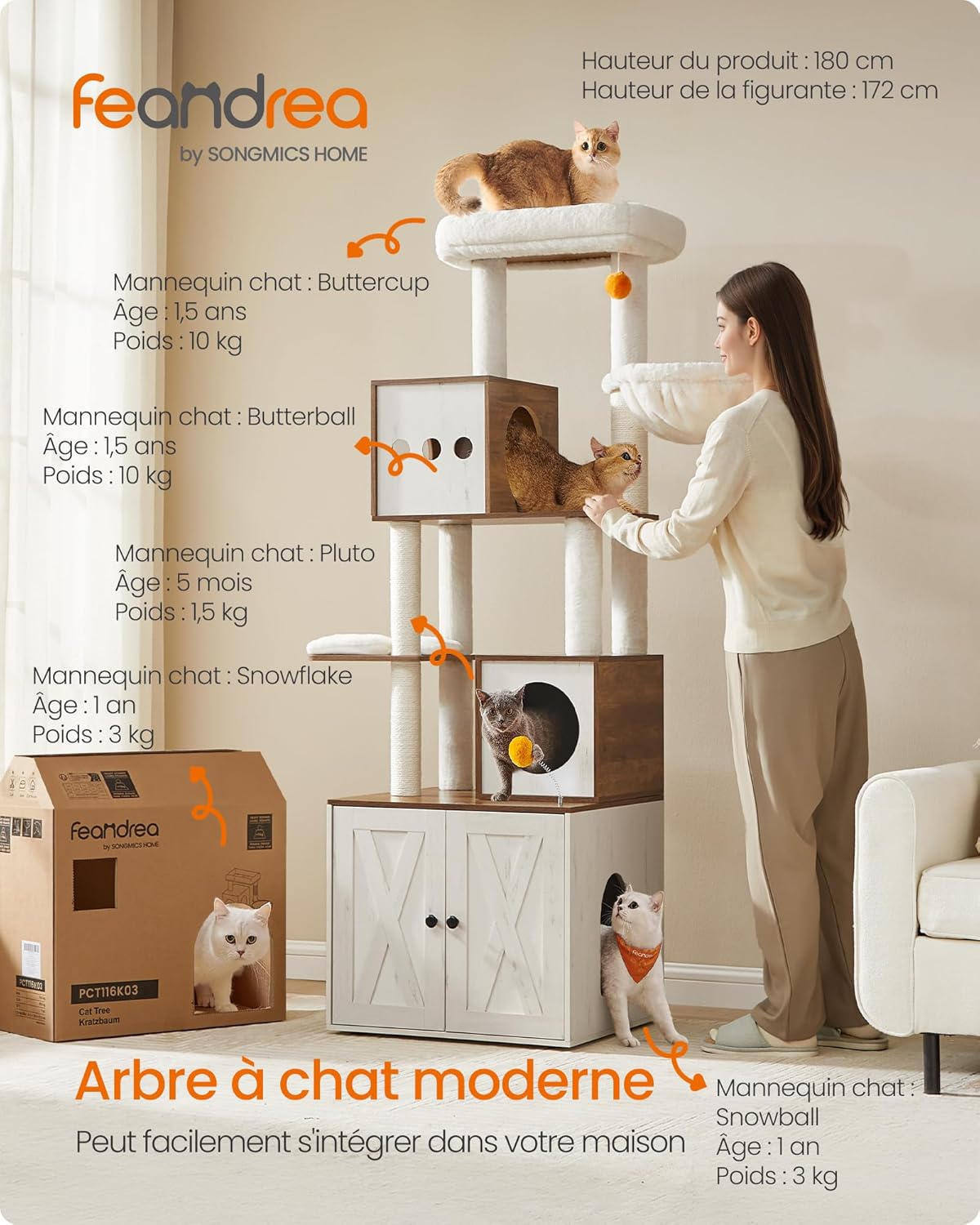 Arbre à Chat Moderne avec Cache-litière, Tour de Jeu, Griffoir avec Maison de Toilette, 180 cm, Niche, Plateforme, Tapis Lavables, Marron Miel et Blanc Rustique PCT116K03 Marron Miel + Blanc Rustique