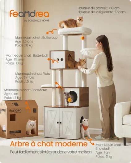 Arbre à Chat Moderne avec Cache-litière, Tour de Jeu, Griffoir avec Maison de Toilette, 180 cm, Niche, Plateforme, Tapis Lavables, Marron Miel et Blanc Rustique PCT116K03 Marron Miel + Blanc Rustique