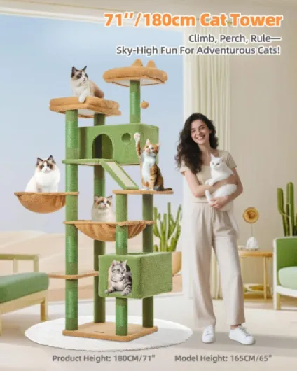 Taoqimiao Arbre a Chat Maine Coon,180cm Stable Arbres à Chat XXL avec 2 Condos Spacieux pour Chats, 8 Griffers, 2 Plateformes, Panier pour Matou, Confortable Hamac, Vert MSC026L vert XL (180cm / 71 inch )