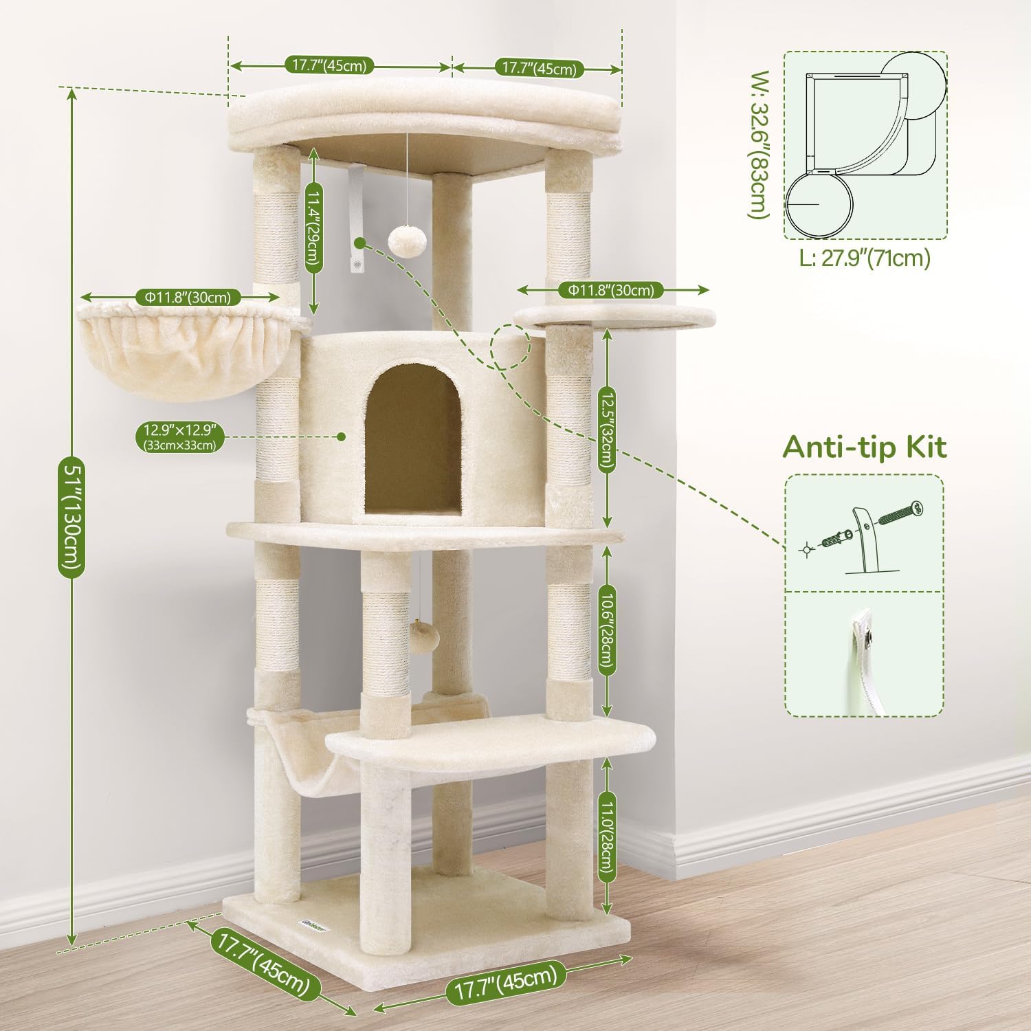 Globlazer Arbre a Chat avec Grandes Plateforme en éventail Niches Doux Hamac Panier, Arbres à Chat Hauteur 130 cm Solide 90° Serré Coin pour 3-4 Gros Chats Repos Jeu (C51, Beige) 130cm Beige