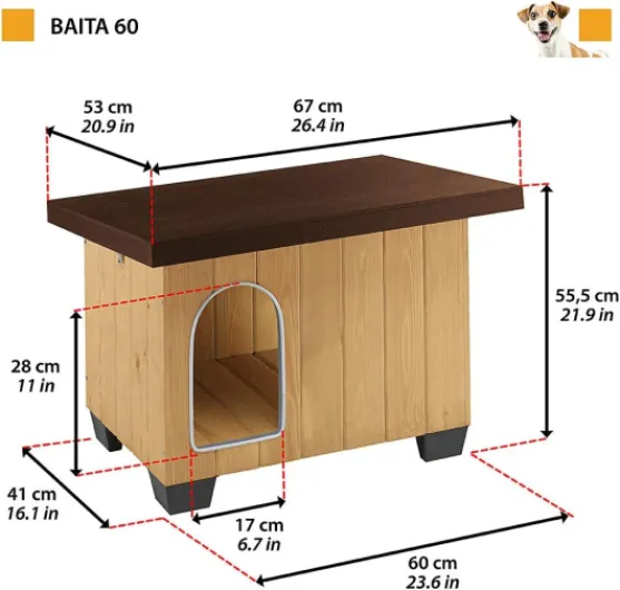 Niche Chien Exterieur, Maison Chien, Niche Petit Chien, ieds isolants, Pieds isolants, Porte avec anti-morsures en aluminium, 67 x 53 x h 55,5 cm, BAITA 60 Niche Chien Bois M (Lot de 1)