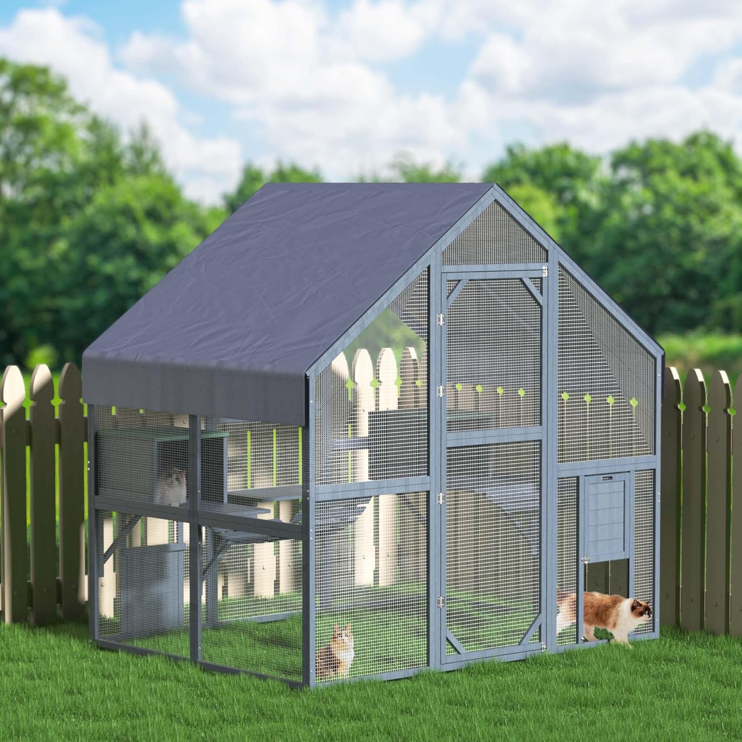 Enclos extérieur Chats 140 x 187 x 187 cm Catio Bois Sapin Toit Toit avec Bâche imperméable Plusieurs Plateformes Abri Jardin Balcon Jeux Parc Habitat Cage Animaux domestiques Activité féline L 187 x l 140 x H 187 cm