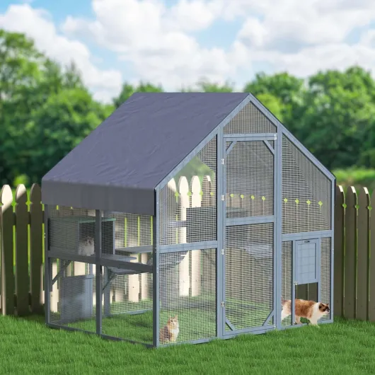 Enclos extérieur Chats 140 x 187 x 187 cm Catio Bois Sapin Toit Toit avec Bâche imperméable Plusieurs Plateformes Abri Jardin Balcon Jeux Parc Habitat Cage Animaux domestiques Activité féline L 187 x l 140 x H 187 cm