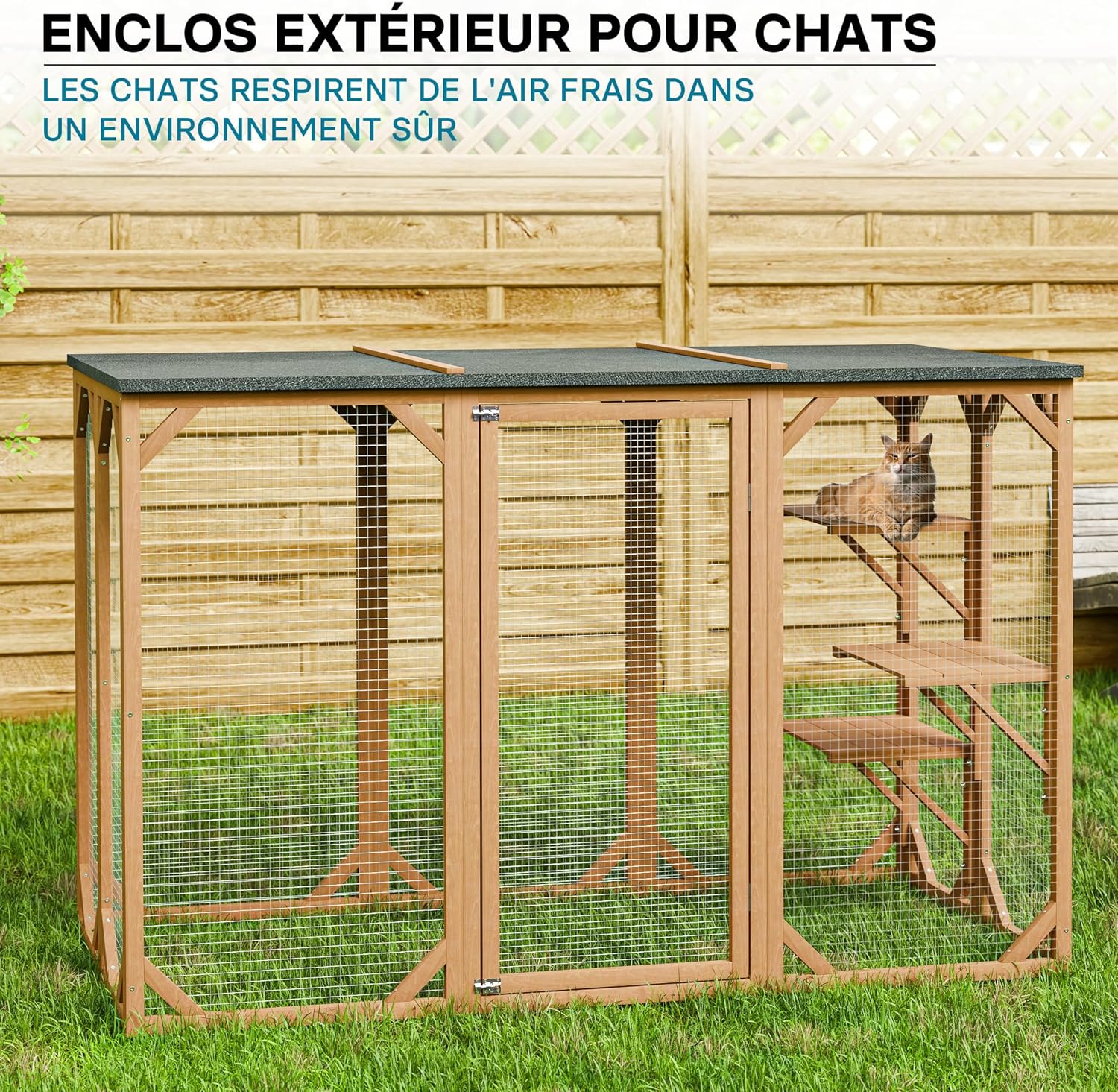 Enclos extérieur – 180 x 80 x 111,8 cm – en Bois de Sapin et avec Grillage – Parc pour Chat résistant aux intempéries – avec 3 Zones de Repos – Félins marron 180 x 80 x 111.8 cm, avec 3 surfaces de couchage