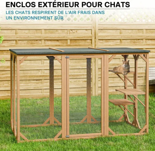 Enclos extérieur – 180 x 80 x 111,8 cm – en Bois de Sapin et avec Grillage – Parc pour Chat résistant aux intempéries – avec 3 Zones de Repos – Félins marron 180 x 80 x 111.8 cm, avec 3 surfaces de couchage