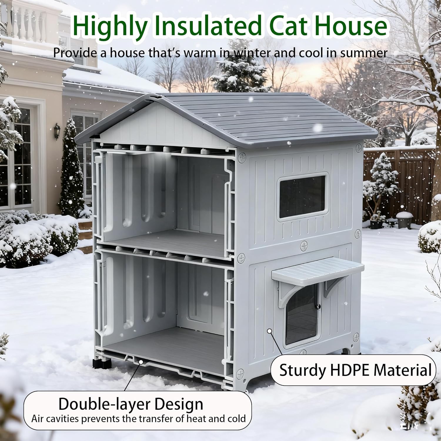 Maison pour chat d'extérieur à 2 étages avec doublure isolée, maisons d'extérieur pour chats en plastique, abri pour chat extérieur résistant aux intempéries avec porte d'évacuation Blanc avec doublure isolée