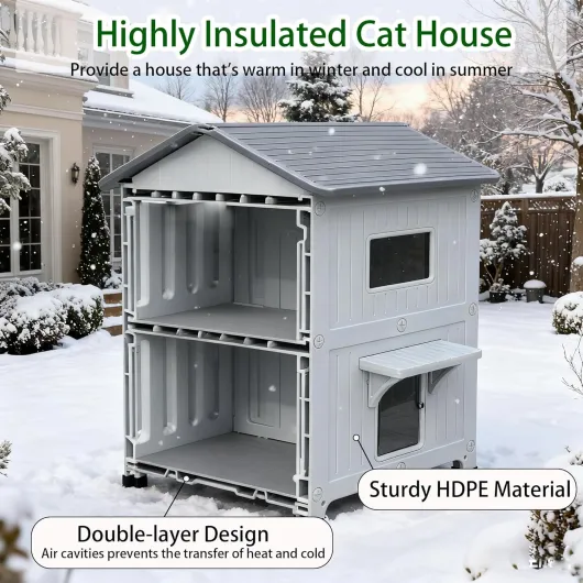 Maison pour chat d'extérieur à 2 étages avec doublure isolée, maisons d'extérieur pour chats en plastique, abri pour chat extérieur résistant aux intempéries avec porte d'évacuation Blanc avec doublure isolée