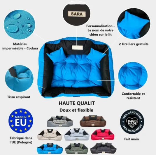 KING DOG Lit pour Petits Chiens S 55 x 45 cm Personnalisable avec Nom Coussin Imperméable Déhoussable Lavable Canapé Confortable Moelleux Douillet Antidérapant Fabriqué en UE Couleur Bleu S 55 x 45 cm Bleu