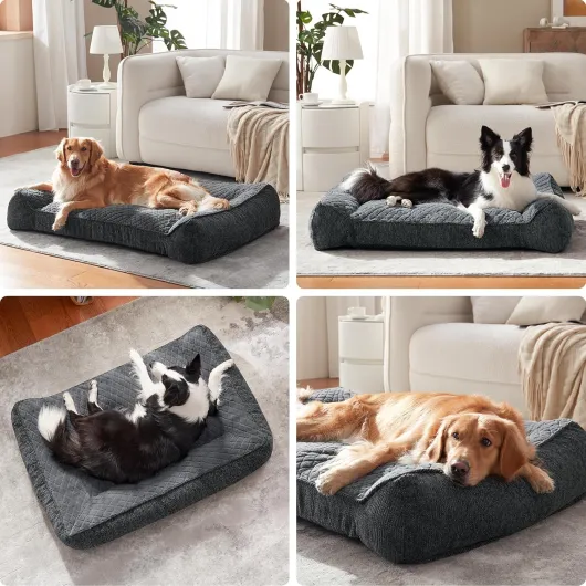 Panier Chien Grande Taille XXL Orthopédique, Coussin Chien Dehoussable Lavable, Canapé pour Chiens Antidérapant Velours Floconné Doux, Lit Chiens Soutien Extra Épais Gris L 107 x B 76 x H 24 cm