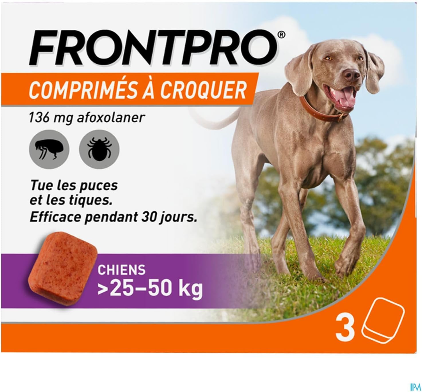 Frontpro Lot de 3 comprimés anti-puces et tiques pour chien 25-50 kg 136 mg