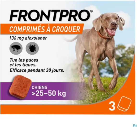 Frontpro Lot de 3 comprimés anti-puces et tiques pour chien 25-50 kg 136 mg