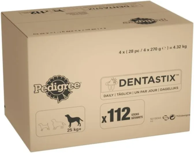 DENTASTIX 112 Bâtonnets à Mâcher pour Grand Chiens 25kg+, 16 Sachets de 7, Saveur Poulet et Bœuf, Détartrage Dentaire Chien, Soins Dentaires pour Chien