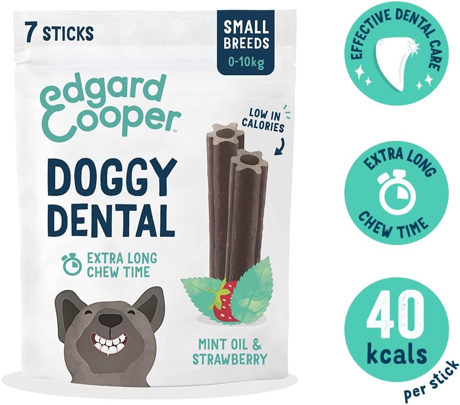 Edgard Cooper Treats Lot de 8 bâtonnets dentaires pour Chien - Petit Format - Menthe et Fraise - Lot de 8 bâtonnets à mâcher naturels pour Chien - Hygiène Dentaire - Une par Jour, Faible teneur en