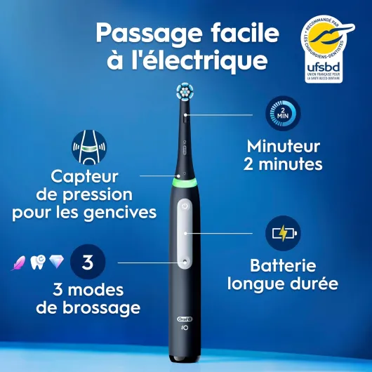 Oral-B Brosse à Dents Electrique iO 3 avec 1 Brossette de Rechange, Noire – 3 Modes de Brossage Silencieux dont Douceur et Blancheur, Capteur de Pression sur les Gencives, Batterie Rechargeable Noir 1 unité (Lot de 1)