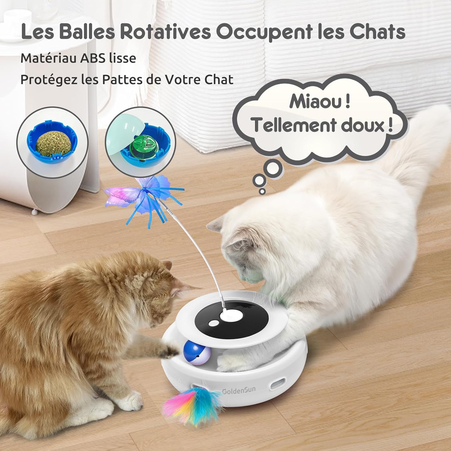 GoldenSun Jouet pour Chat, Jouet Interactif électrique 3 en 1 pour Chats, Whack-A-Mole, Papillon Flottant, Balle Incluse, Jouet pour Chat Rechargeable par USB avec 4 Accessoires Blanc