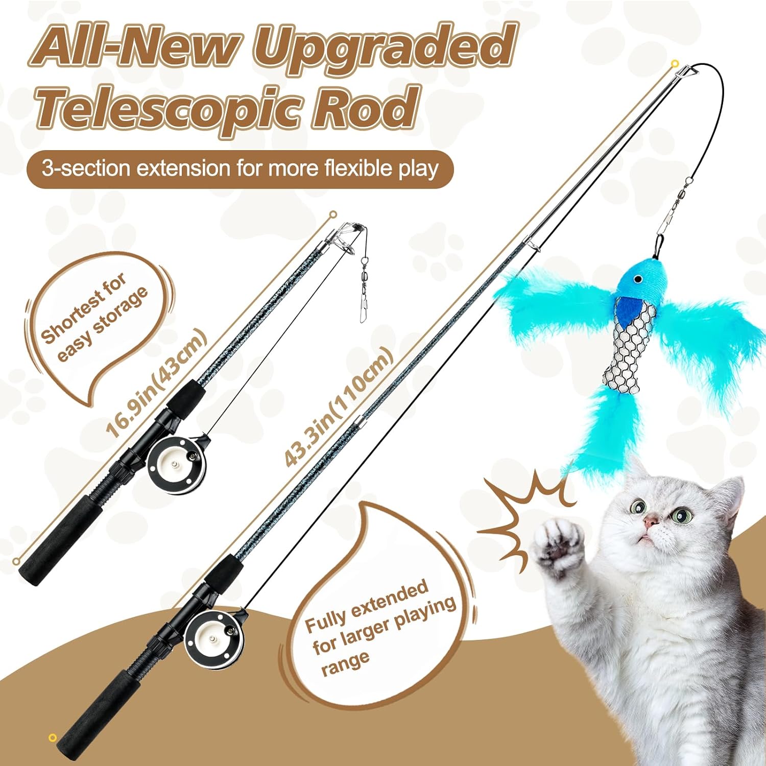 Plumeau de Jeu pour Chat, [3PCS] Baguette pour Chat Intéractive avec Plume Télescopique avec Jouets Interchangeables, Canne à Pêche Bâton Amusant Exercice Jouet Fil Chaser Brun Plume Bionique
