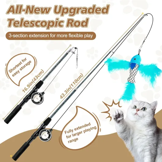 Plumeau de Jeu pour Chat, [3PCS] Baguette pour Chat Intéractive avec Plume Télescopique avec Jouets Interchangeables, Canne à Pêche Bâton Amusant Exercice Jouet Fil Chaser Brun Plume Bionique