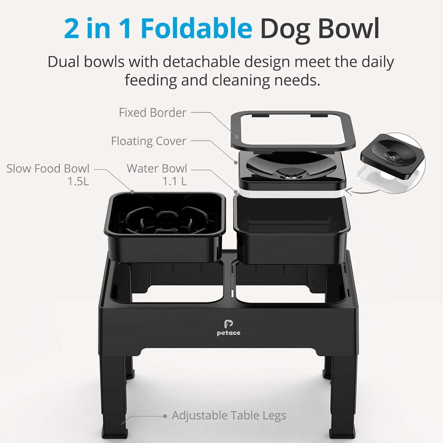 Gamelles Surélevées de 4 Hauteurs Ajustables, Support avec Gamelle Anti-Glouton et Gamelle Eau Anti-Éclaboussure pour Chien de Taille Moyenne et Grande 1 Gamelle Inox Anti-glouton