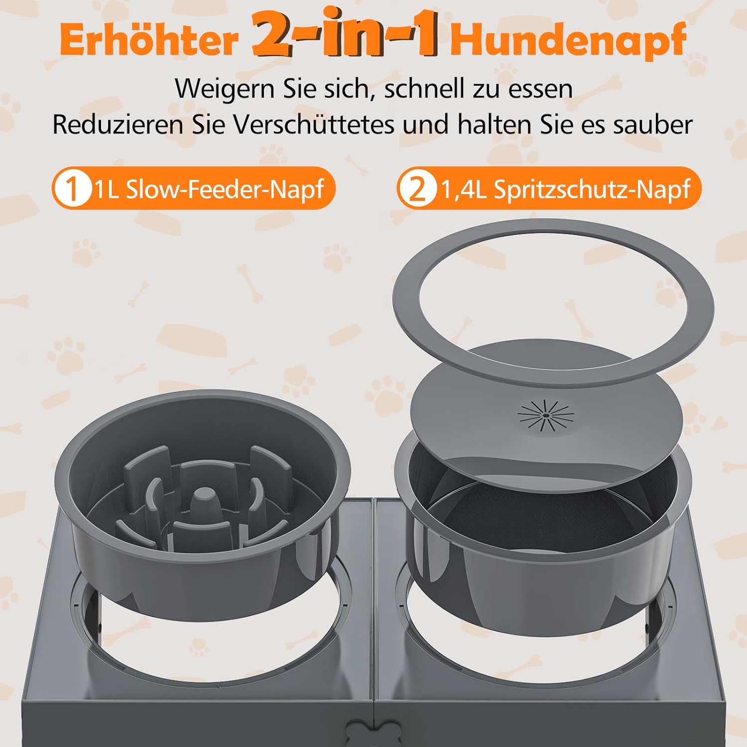 3-in-1 Gamelles Surélevées de 5 Hauteurs Ajustables, Gamelle pour Chien avec 1L Gamelle Anti-Glouton et 1,4L Anti-éclaboussures, Antidérapant, pour Chien de Taille Moyenne et Grande,Gris Gamelle Anti-éclaboussures & Gamelle Anti-Glouton Gris