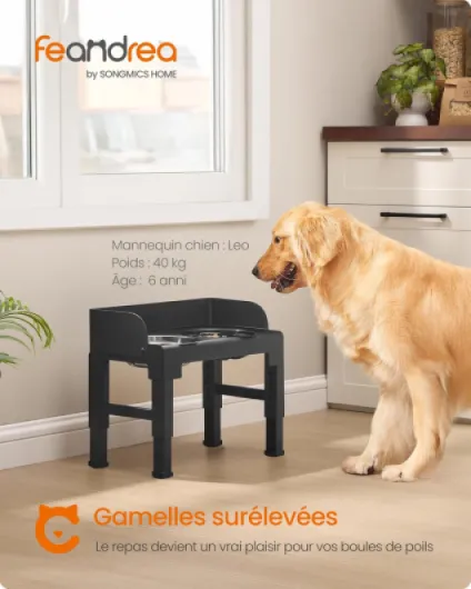 Gamelle pour Chien Surélevée, avec Support, Ajustable en Hauteur et Inclinable, Support Gamelle, 2 Bols en Acier Inoxydable 304, 1 Bol Anti-Glouton, Noir d'encre PRB103B01
