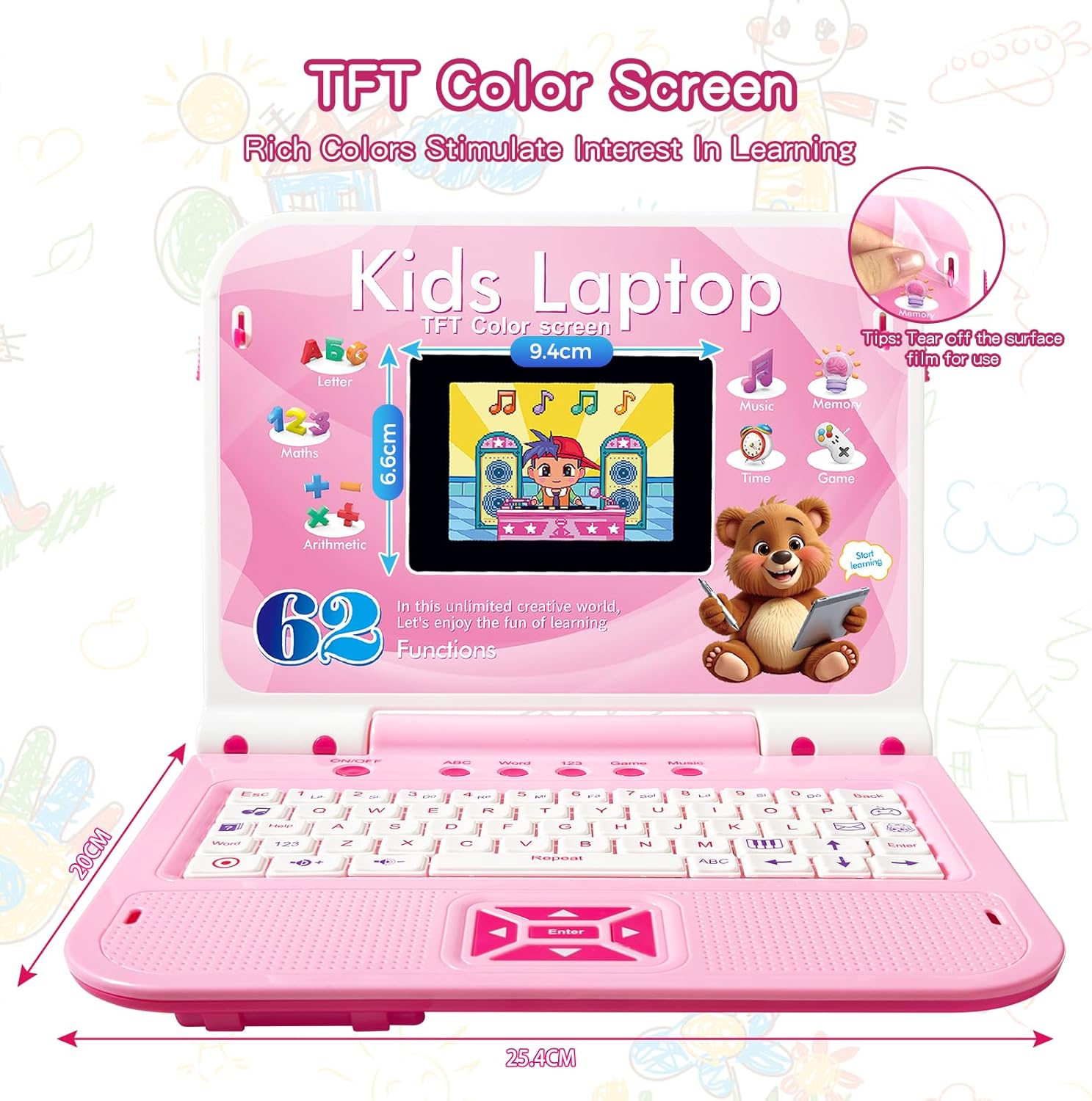 Ordinateur Enfant Portable Anglais : Écran Couleur, 62 Activités (Mots, Mathématiques, Jeux), Souris - Jouet Fille 5 Ans Rose